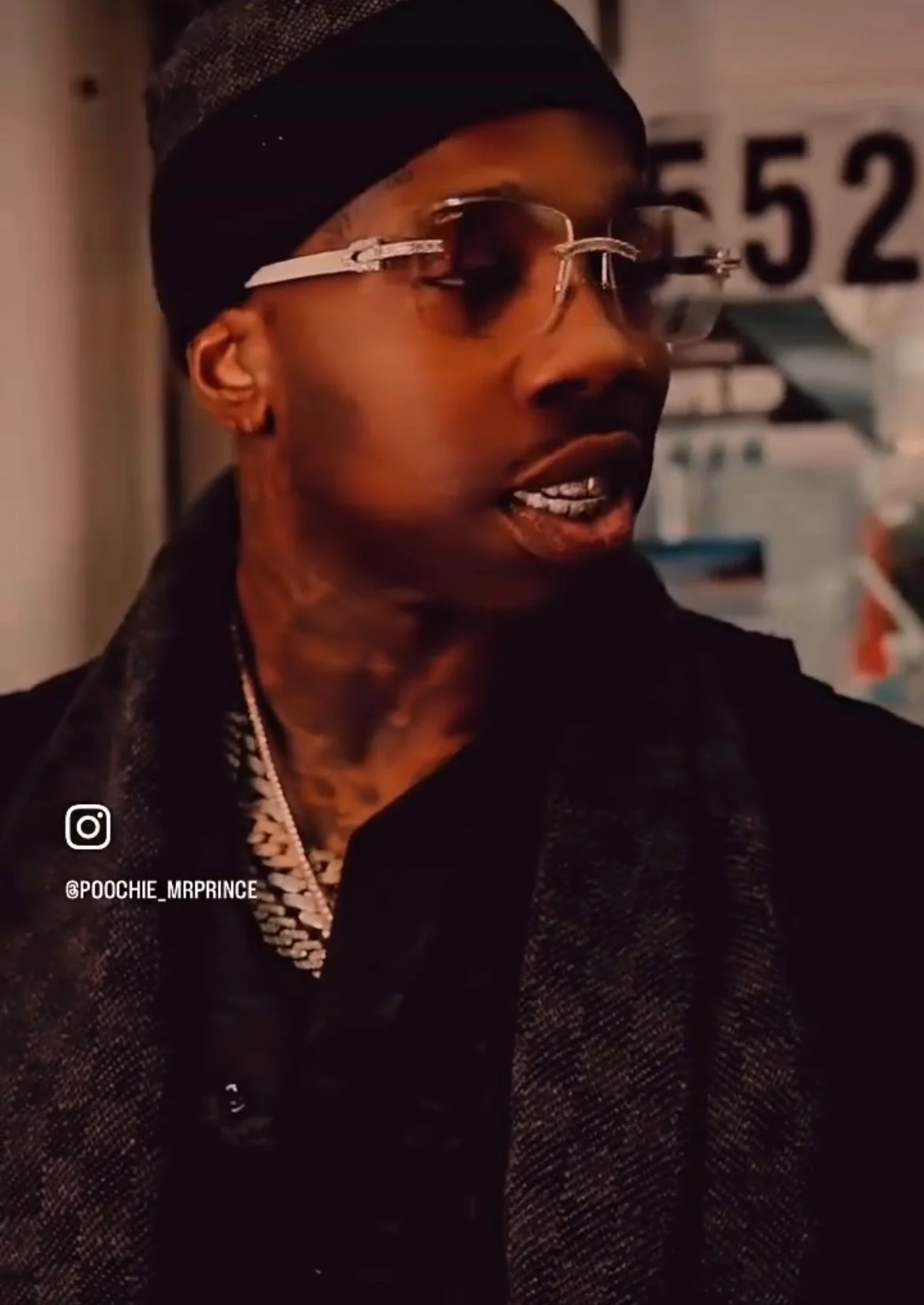 Poochie MrPrince at night wearing black fur, chains and shades
