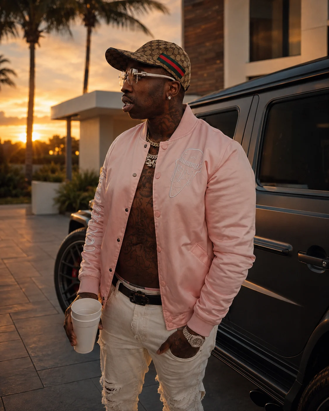 Poochie MrPrince standing beside his black truck at sunset